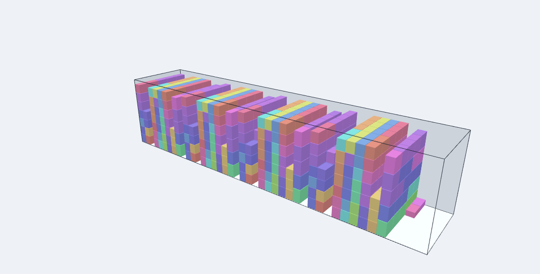 3D view of a container floor-loaded with walls of cartons